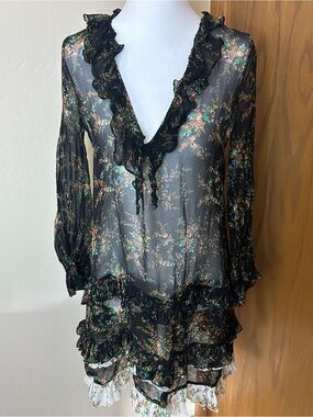 Sundance Sheer Black Floral Ruffle Boho Tunic Mini Dress | Size PS